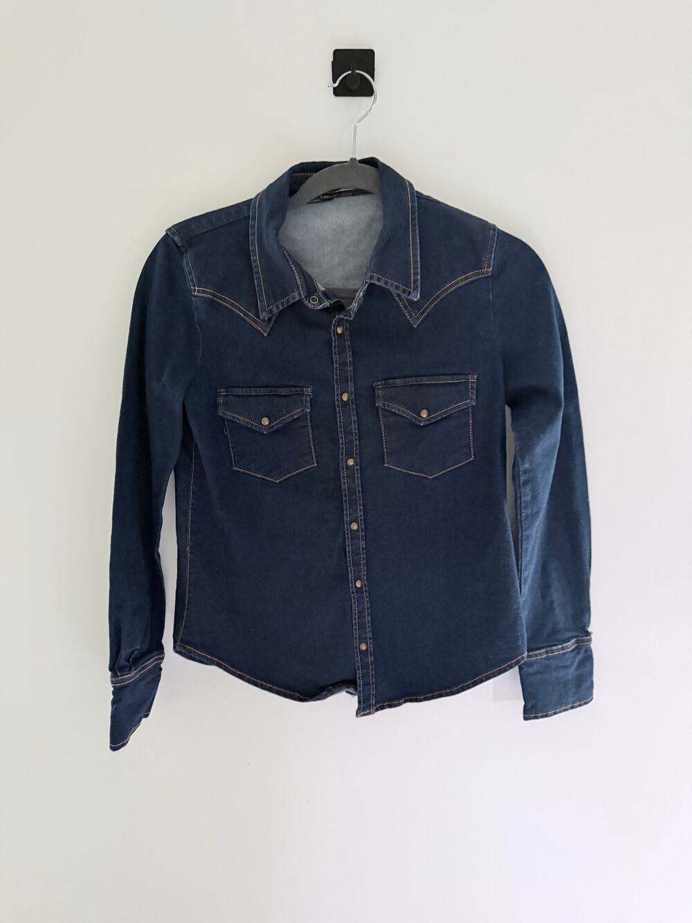Zara Dark Denim Western Slim Fit Snap Closure Shirt-Size Small